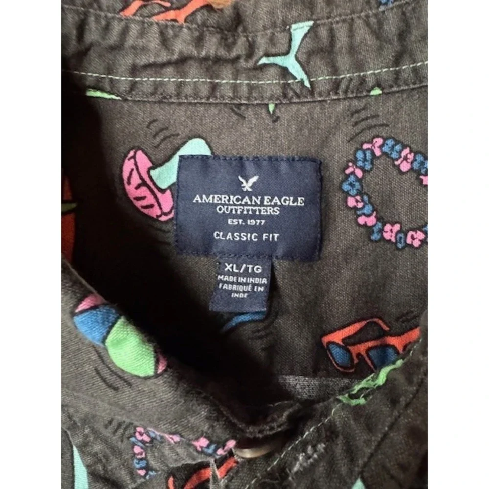 American Eagle Outfitters Button Down Shirt Luau Theme XL Shark Mushrooms Cactus